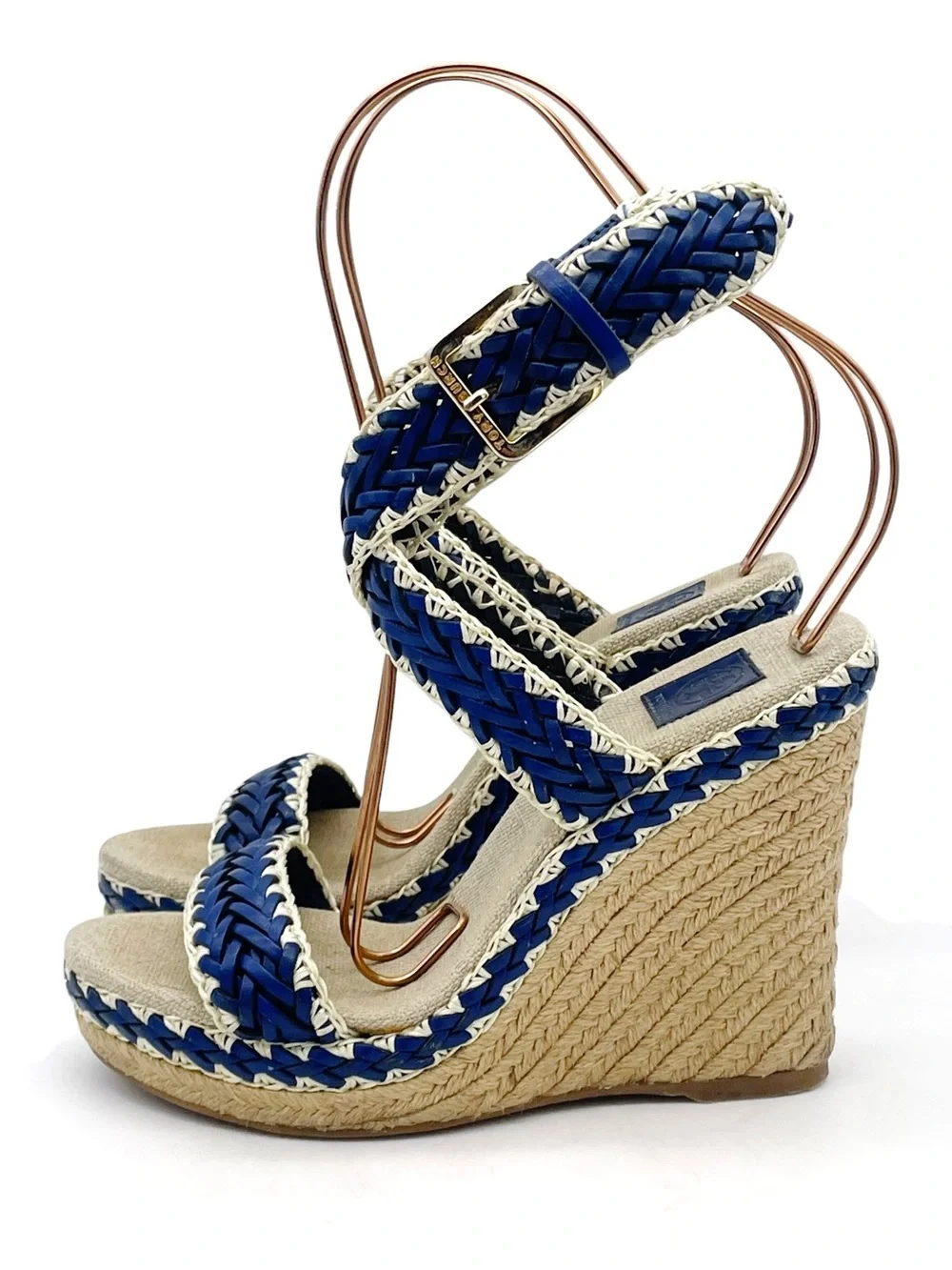 Tory Burch Lilah Espadrille Wedge Sandals Size 37 Cobalt Natural Braided Leather